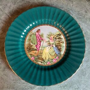 Vintage Royal Victoria WADE England Pottery Green Gold Courting Couple Plate 444